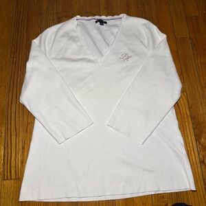 Preppy old money White V-Neck Long Sleeve Top